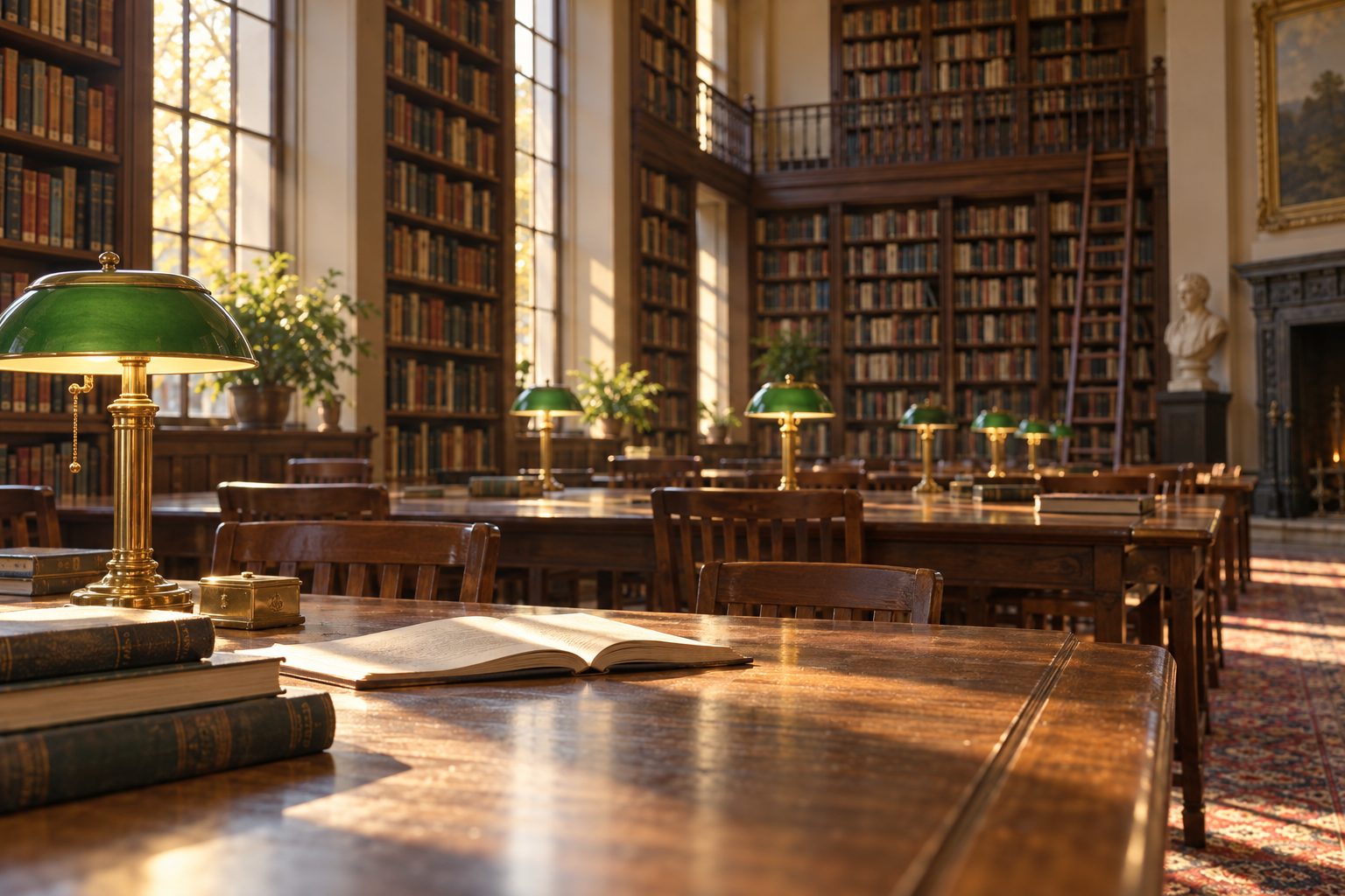 A sunlit library reading room with green-shaded lamps and long wooden tables